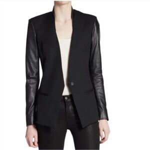 HELMUT LANG Asymmetrical Wool Blazer with Lamb Leather Sleeves, 2
